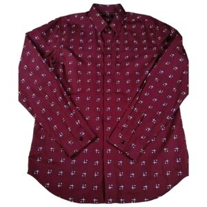 THEORY Lev Cross Box Button Down Shirt Burgundy Abstract Print Cotton Men Medium